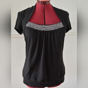Elegant Black Ruched Top with Rhinestone Neckline - Medium